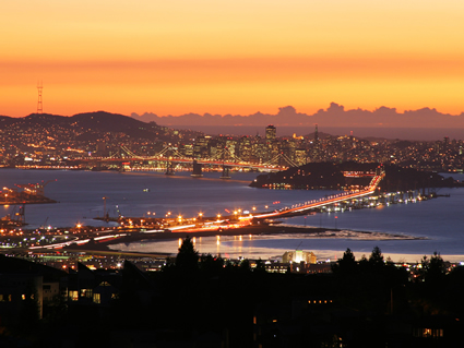 Bay Bridge - at Sunset viewed from the Oakland-Berkeley Hills. Click on picture to enlarge.